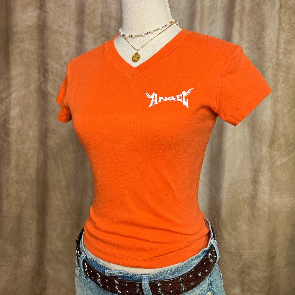 Vintage Y2K Angel Wing Tattoo Heart Baby Tee T-Short Orange Indie Sleaze Biker